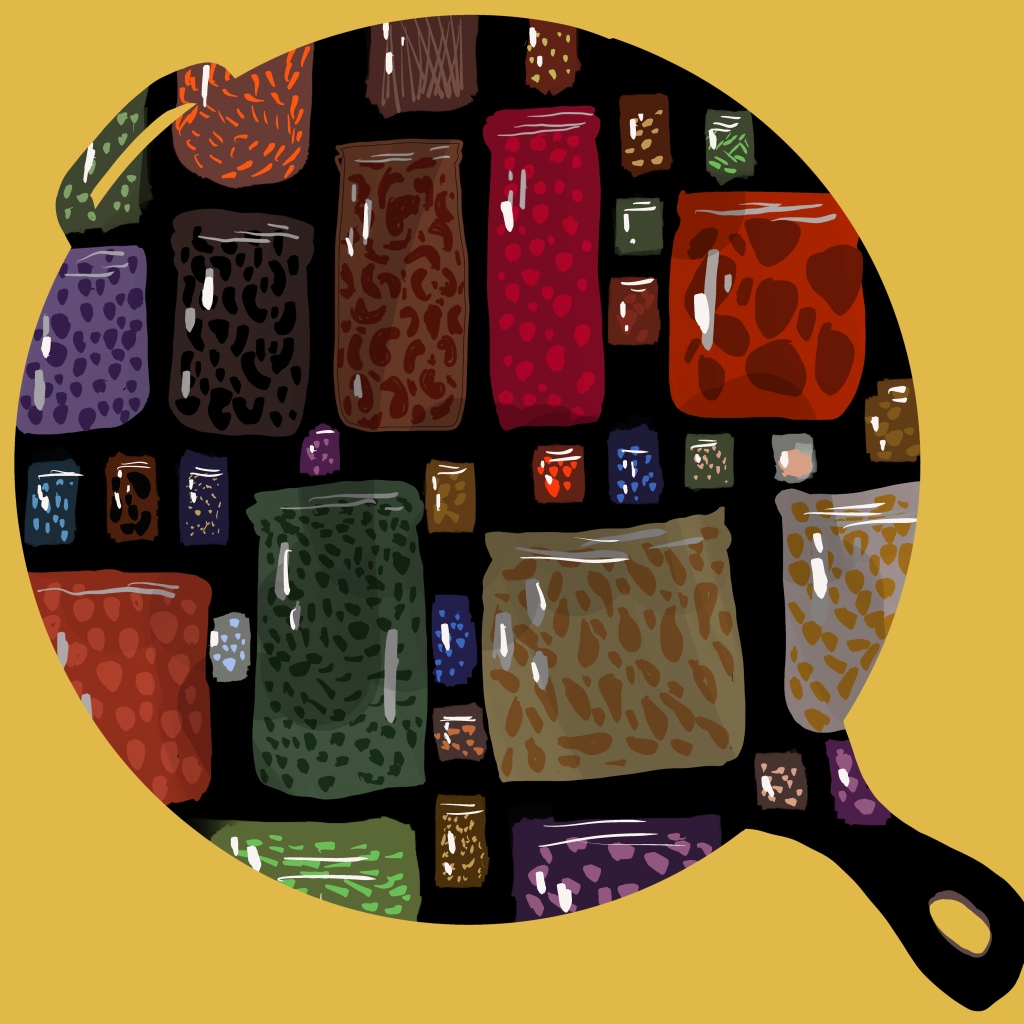 illustration of a skillet full of various colorful pantry and food items