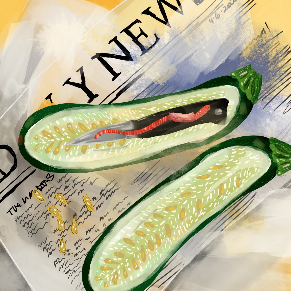 in illustration of a cross section of a zucchini with a worm and a knife inside, all on top of a newspaper 