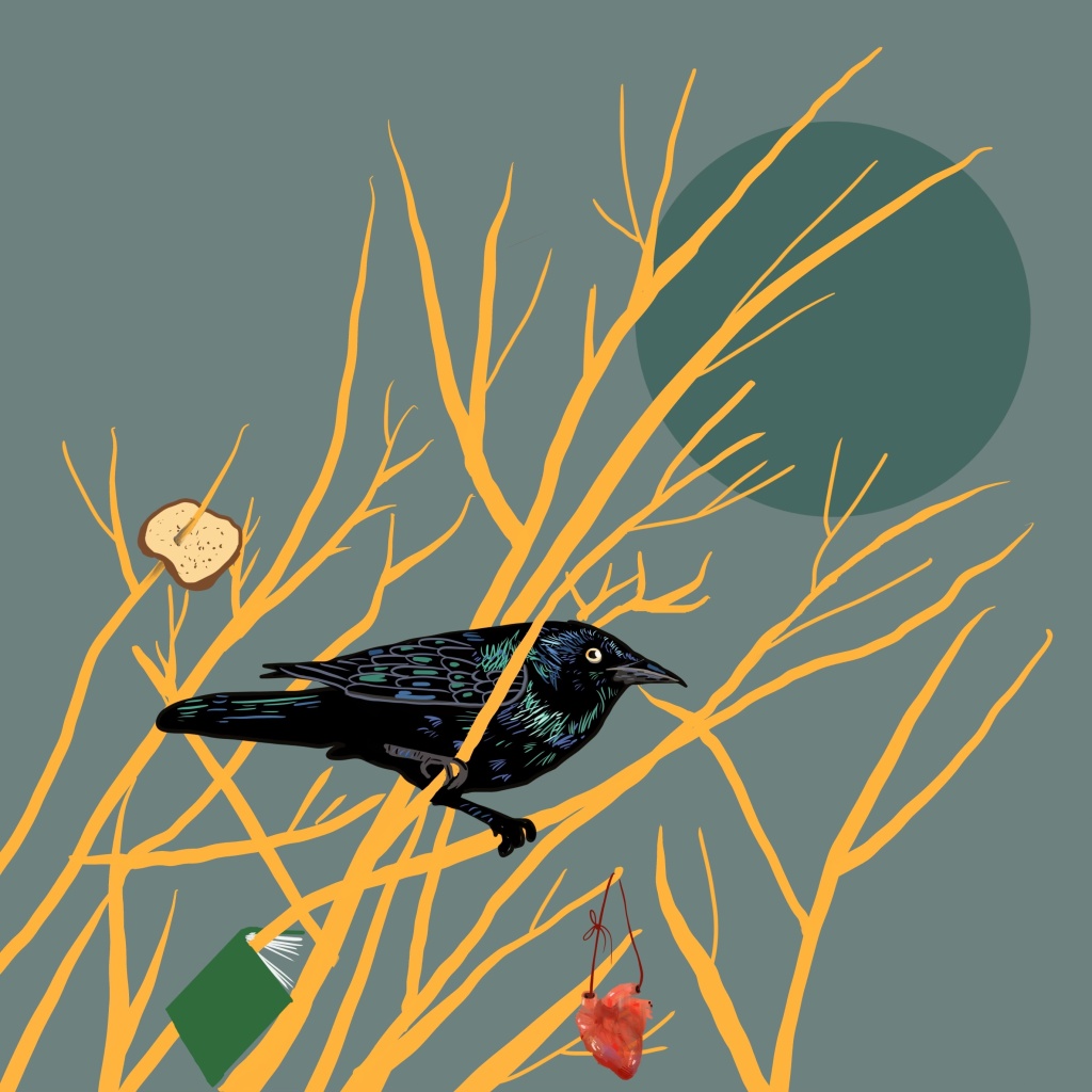 an illustration of a grackle on a yellow branched tree with a few things hanging of the branches-bread, a book, a heart 