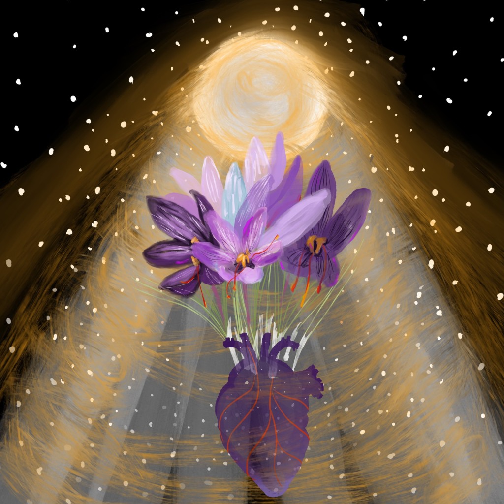an illustration of a heart with flowers coming out of it in the foreground, in the background is a sun shining light down onto the flowers and a constellation of celestial objects behind it on a black background 