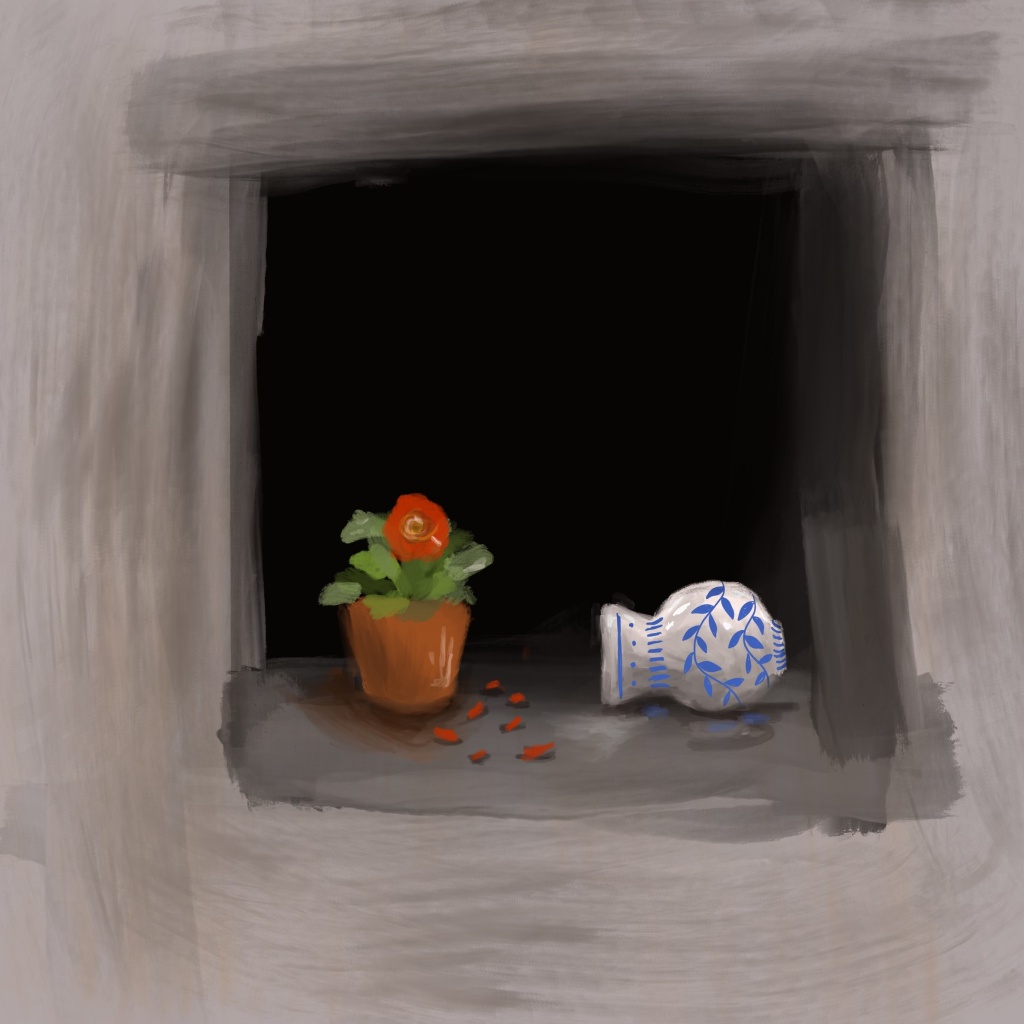 an illustration of a window that looks into darkness ,on the windowsill is a potted flower with petals falling and a broken white and blue ceramic vase on its side 